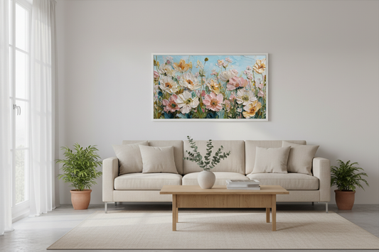 Vintage Floral Rhapsody displayed on Samsung Frame TV in modern living room