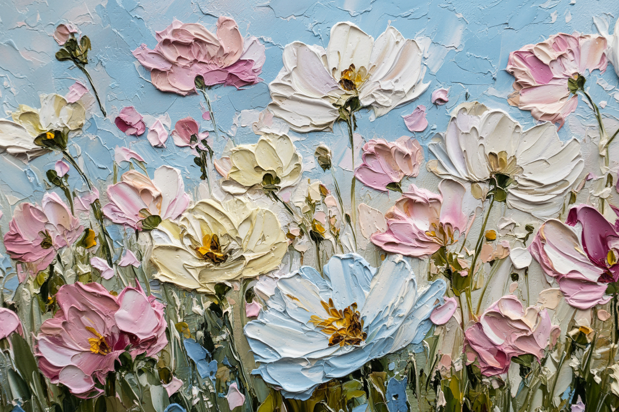 Close-up detail of Whispering Petals in Morning Light showing whispering impasto petals texture