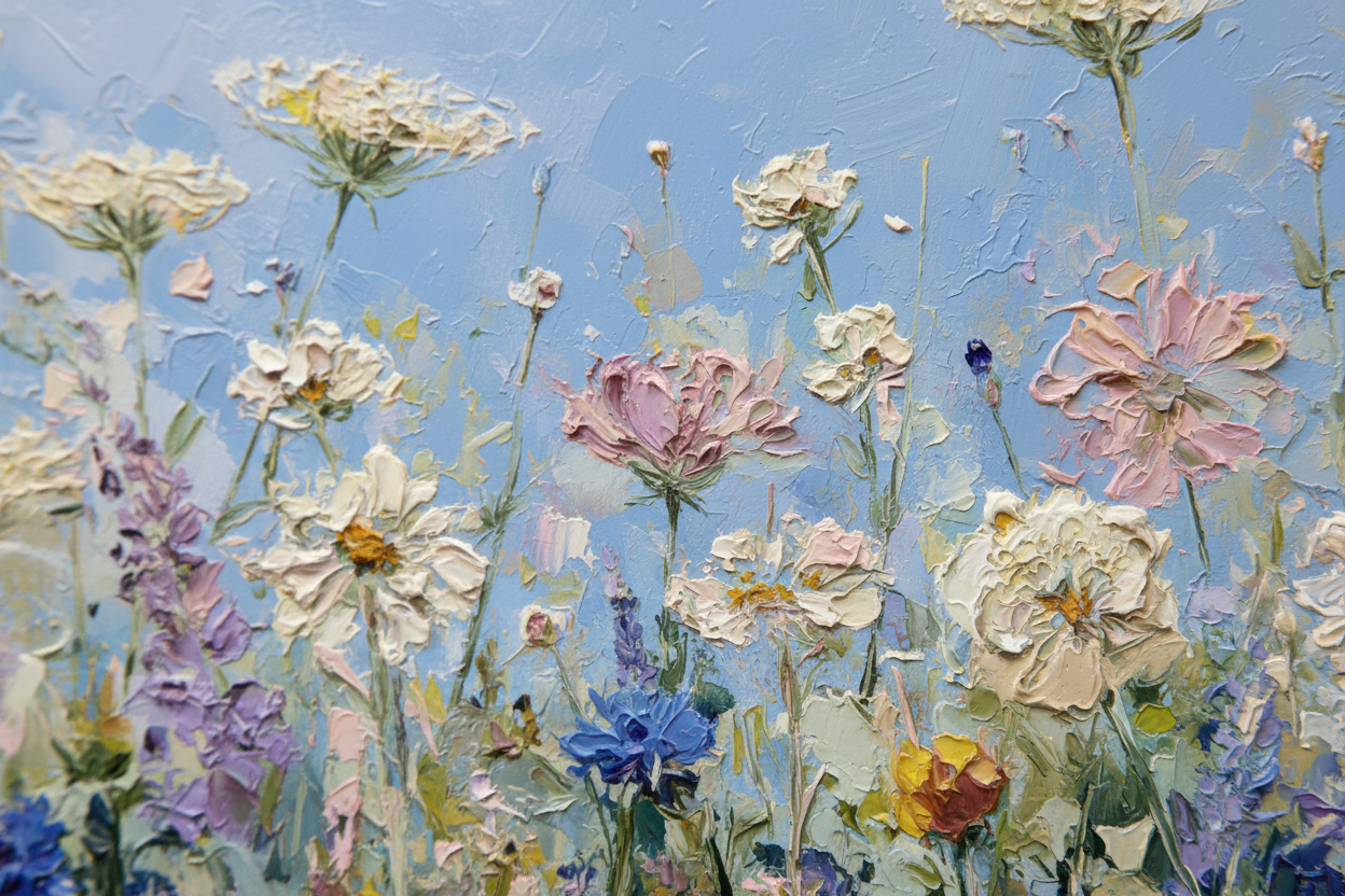 Close-up detail of The Rhapsody of Unbound Petals showing painterly texture and pastel colors