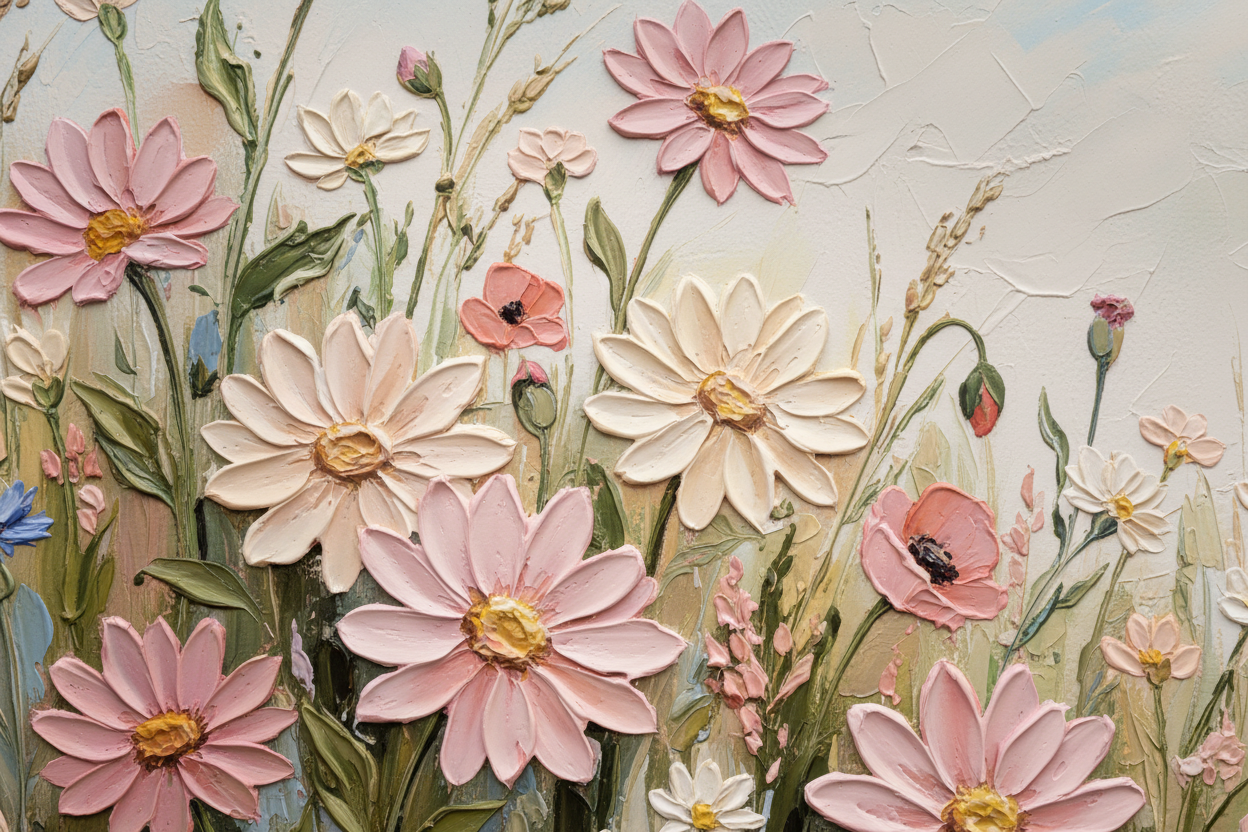 Close-up detail of Delicate Meadow Composition showing delicate floral texture and refined pastel colors