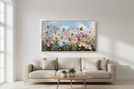 Whispering Petals in Morning Light impasto floral art displayed on Samsung Frame TV in modern living room