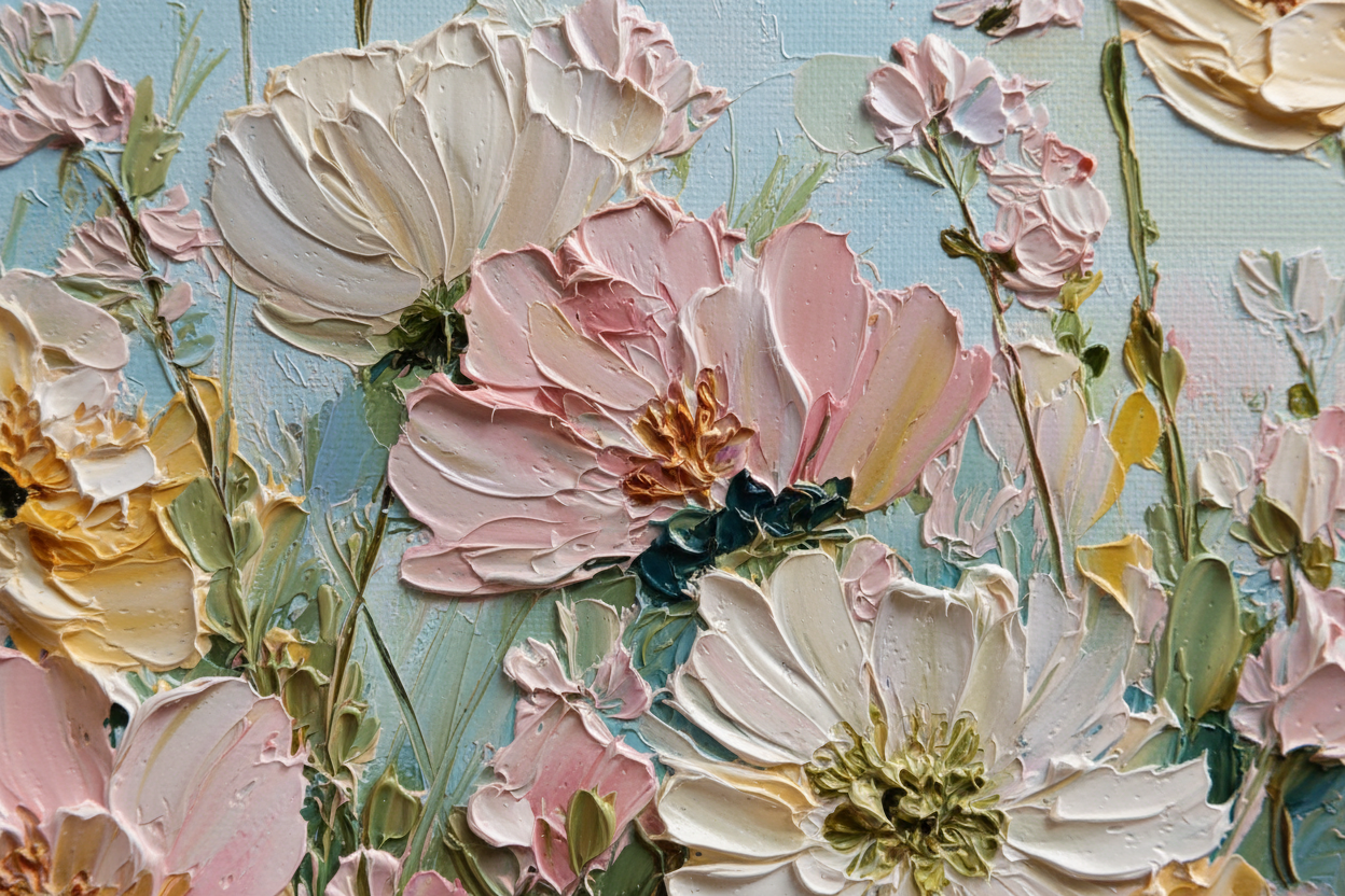 Close-up detail of Vintage Floral Rhapsody showing vintage floral texture and pastel colors
