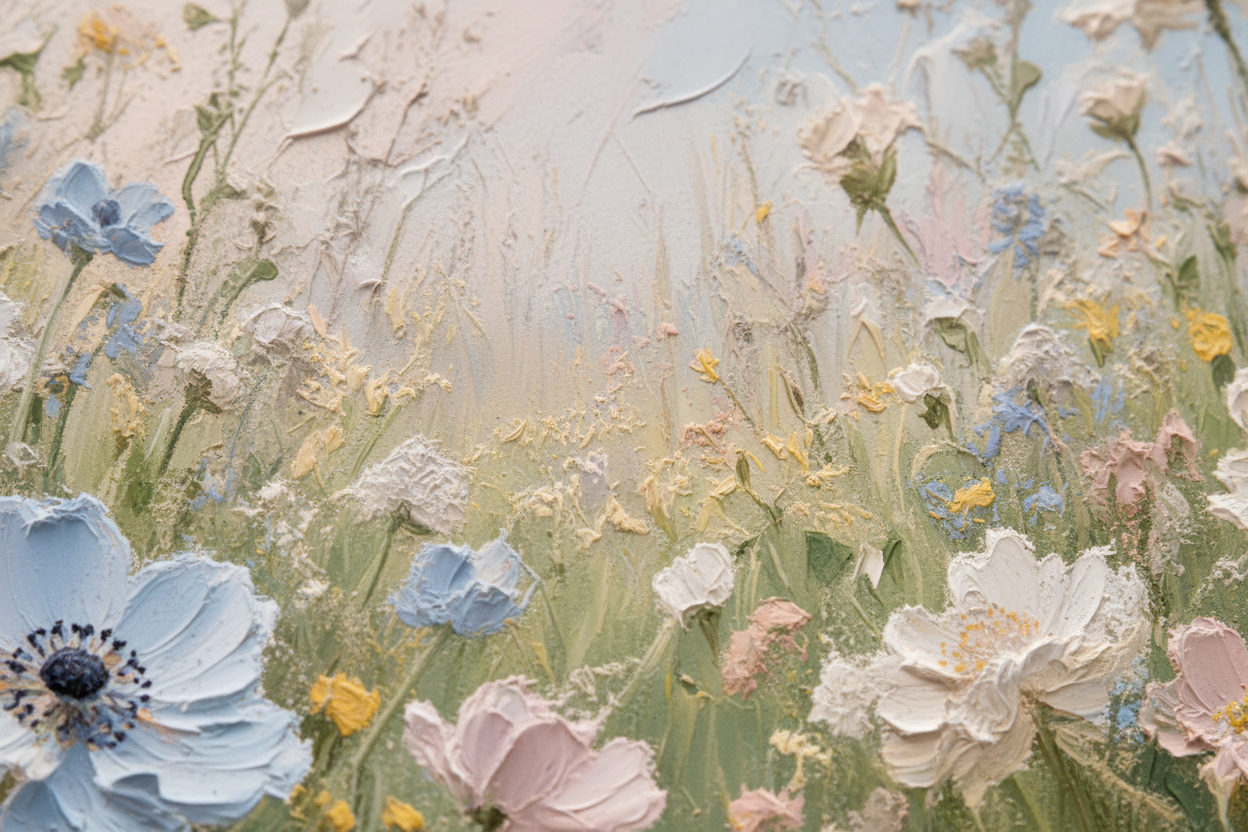 Close-up detail of Luminous Calm showing luminous wildflowers texture and pastel colors
