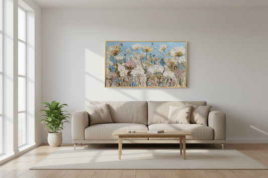 Flowing Path at Morning wildflower meadow art displayed on Samsung Frame TV in modern living room