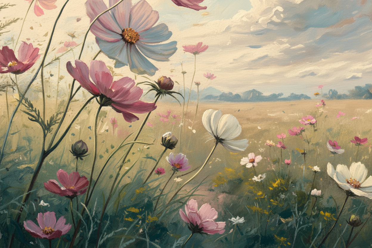Close-up detail of Bliss Through Emerald Valley showing emerald valley texture and pastel wildflowers