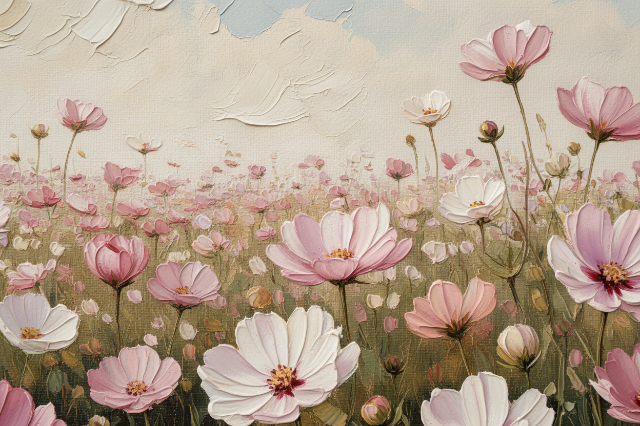 Close-up detail of Lullaby of the Wildflowers showing impasto wildflowers texture and soothing pastel colors