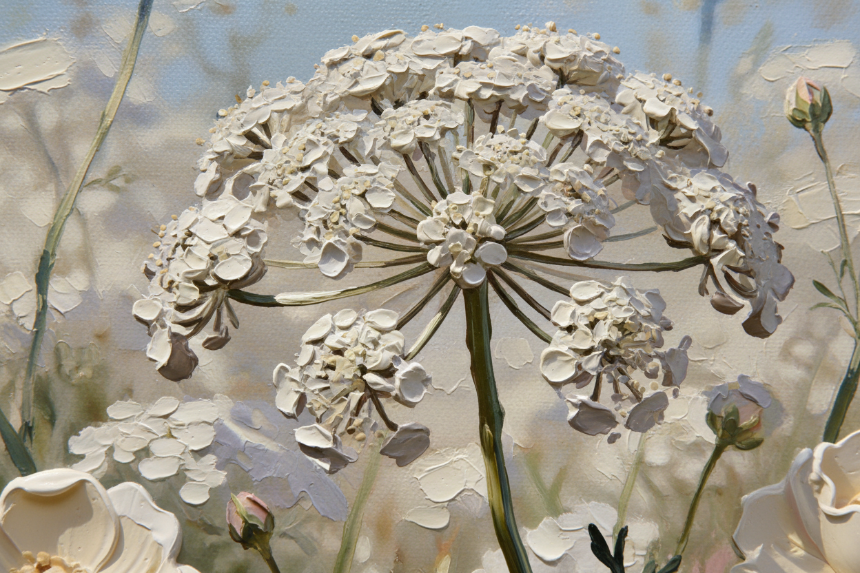 Close-up detail of Noble Hills Bliss showing impasto texture and pastel hills
