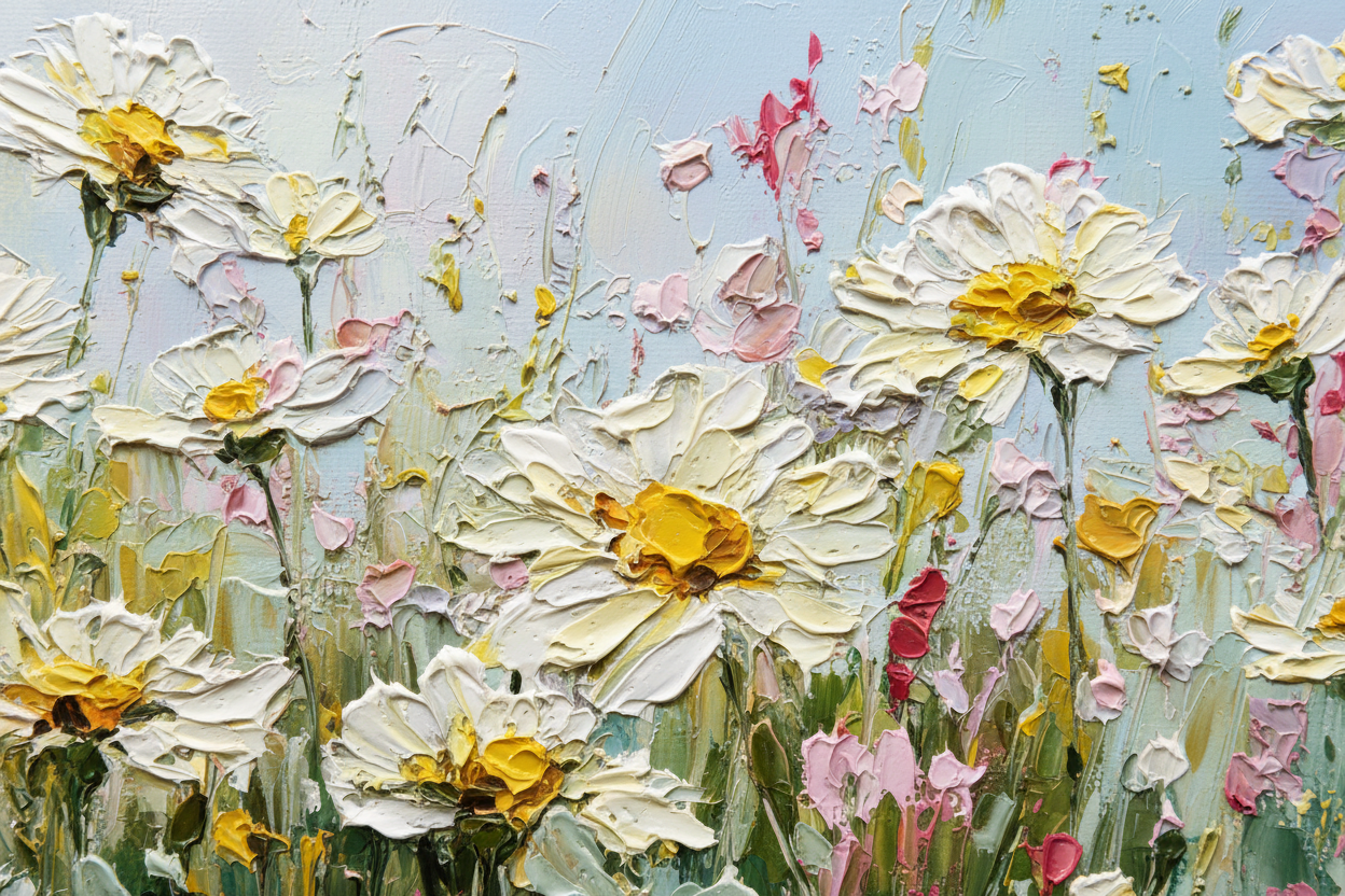 Close-up detail of Echoes of a Forgotten Spring showing spring wildflowers texture and pastel colors