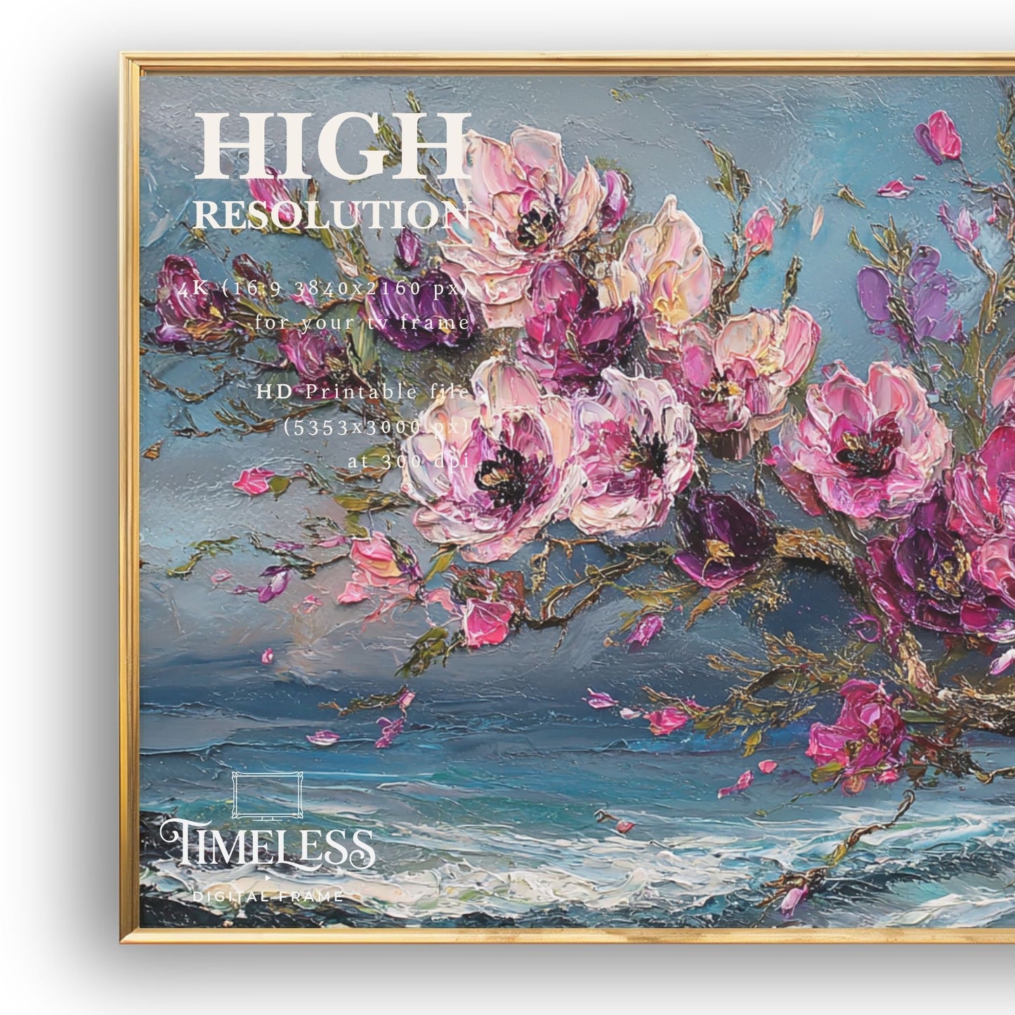 Blossoms Over Restless Seas – Pink Floral Ocean Art for Samsung Frame TV | Digital Download 4K TV Art