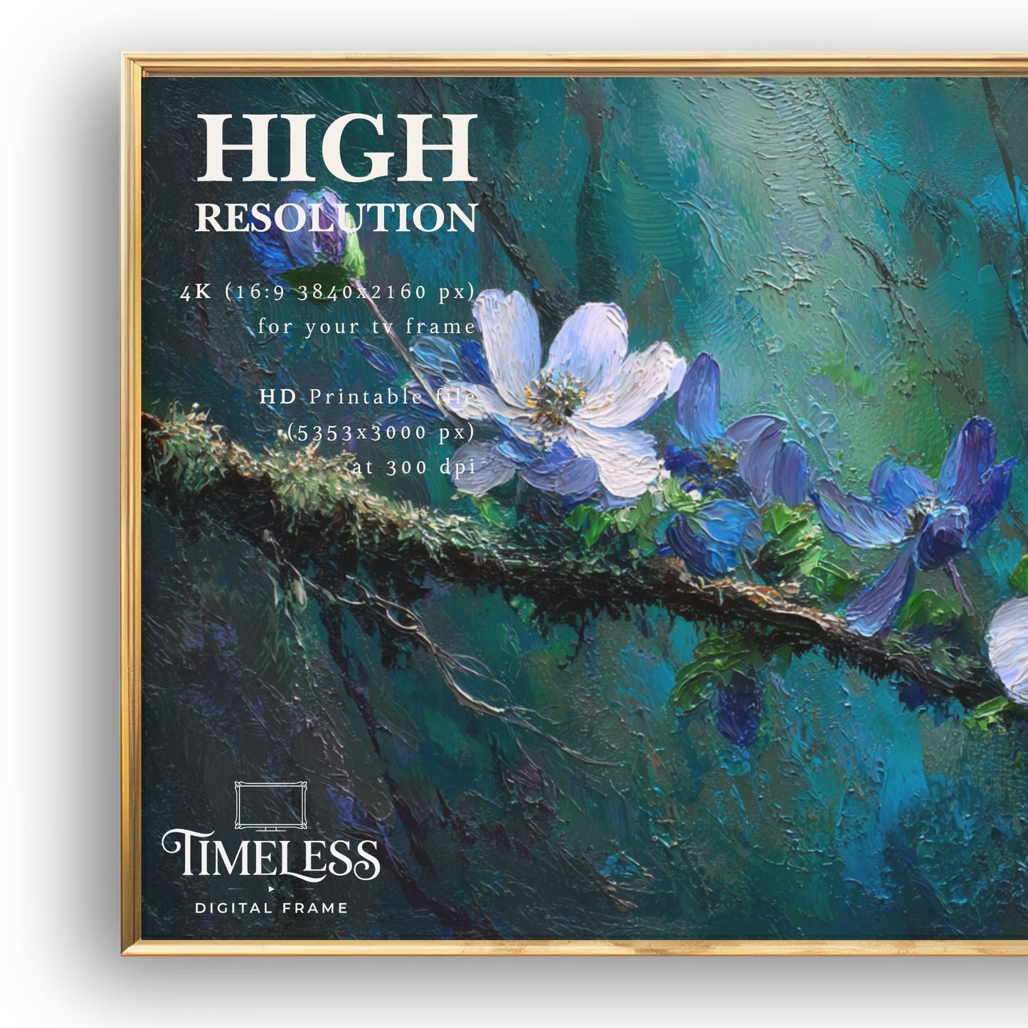 Whispers in Teal – Blue Floral Branch Art for Samsung Frame TV | Digital Download 4K TV Art