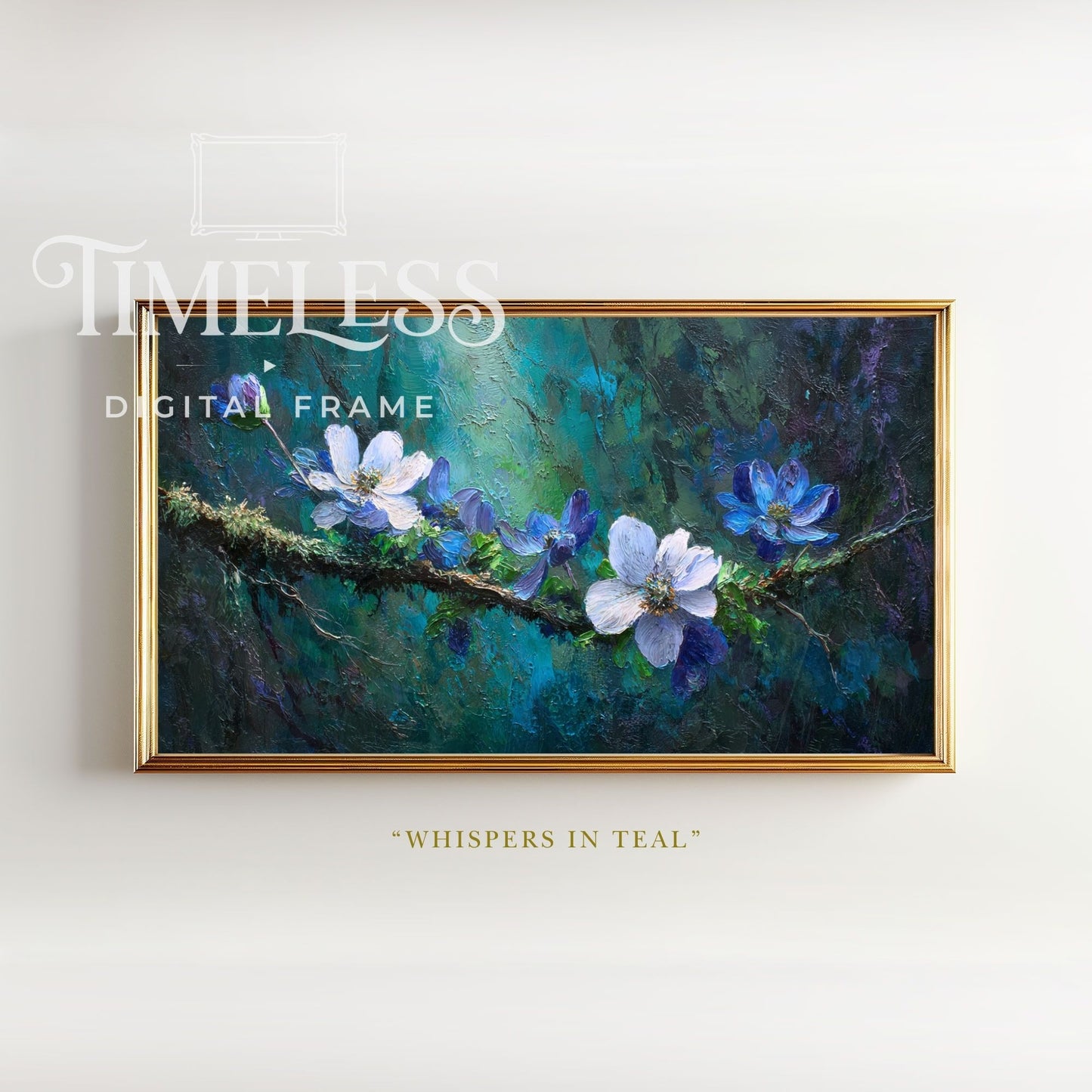 Whispers in Teal – Blue Floral Branch Art for Samsung Frame TV | Digital Download 4K TV Art