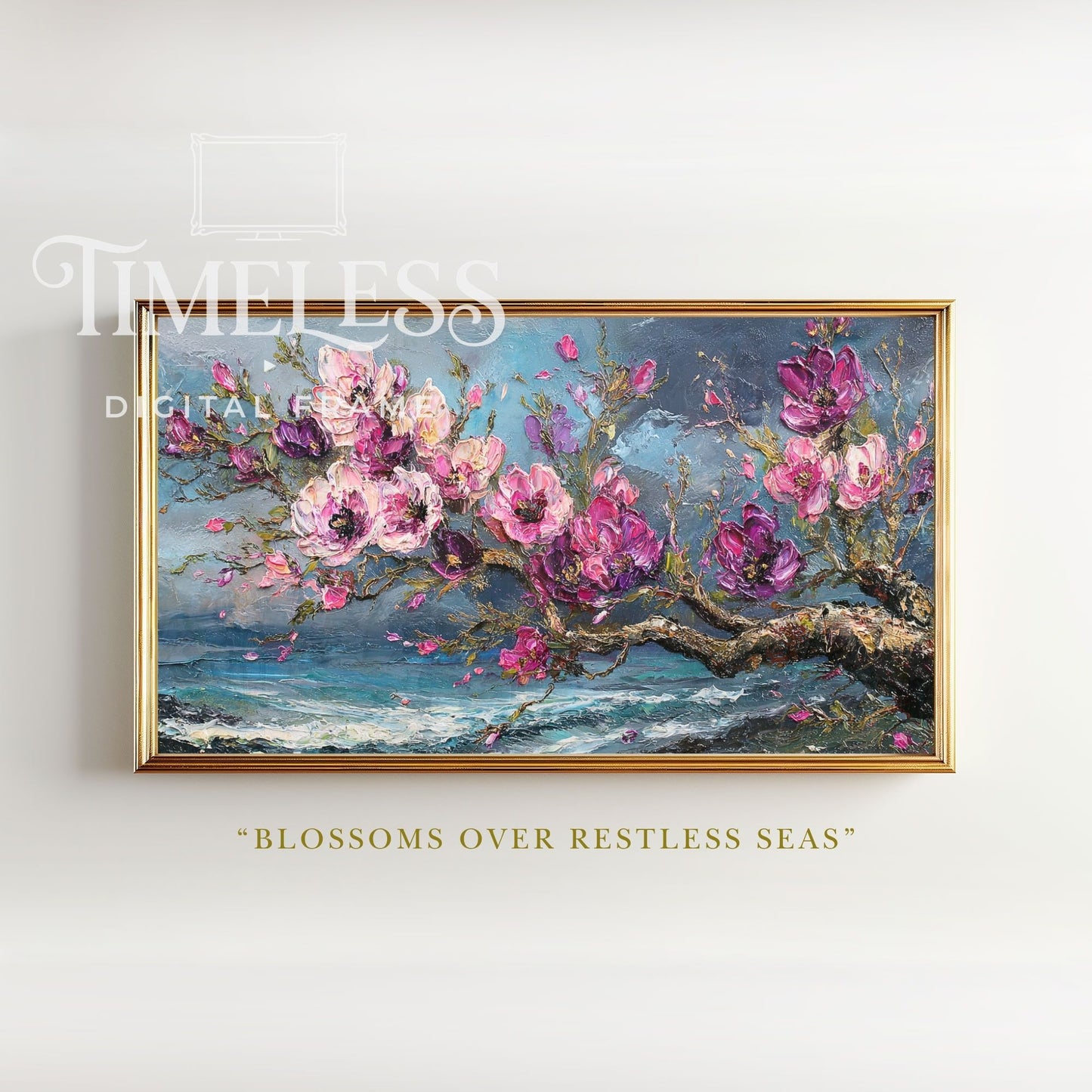 Blossoms Over Restless Seas – Pink Floral Ocean Art for Samsung Frame TV | Digital Download 4K TV Art