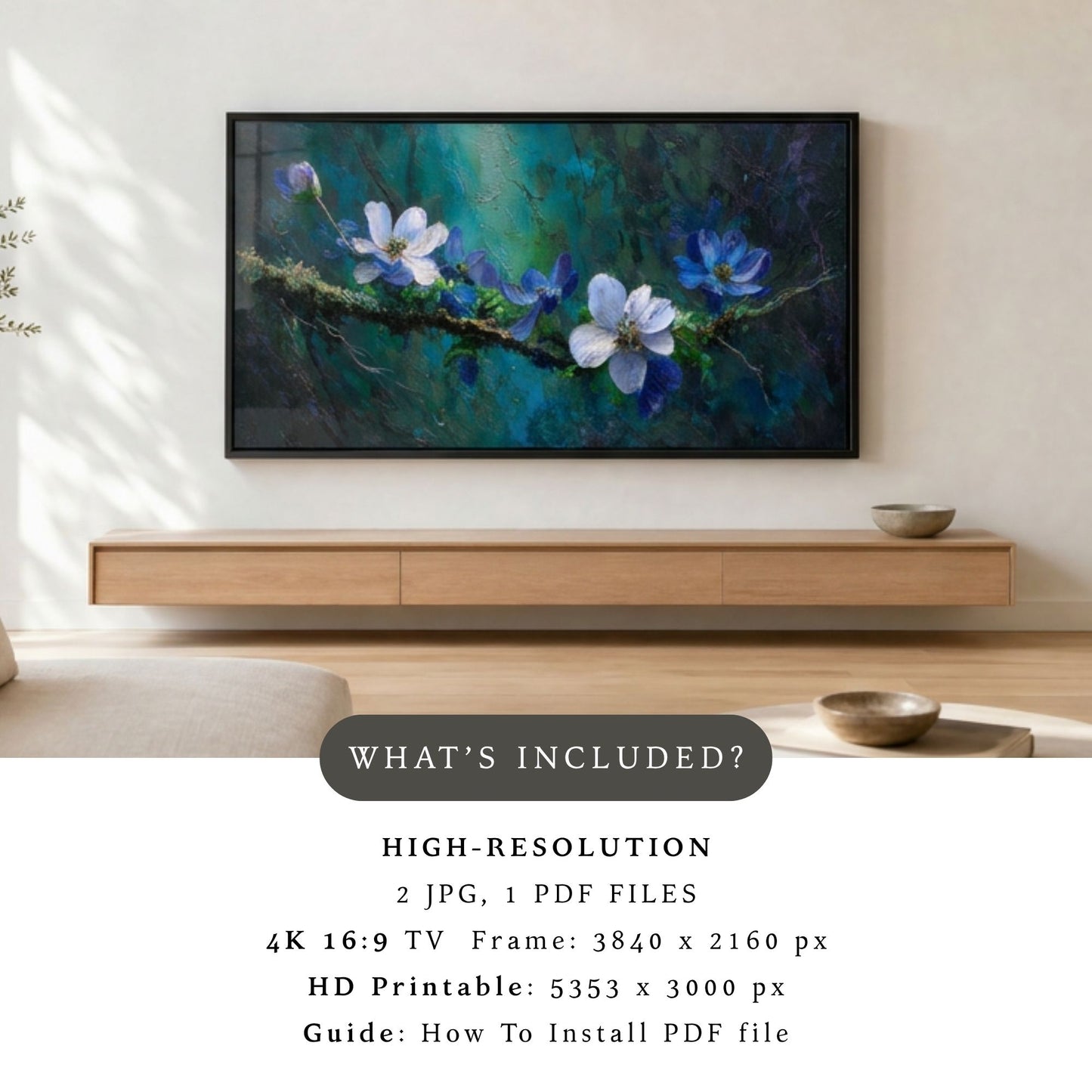 Whispers in Teal – Blue Floral Branch Art for Samsung Frame TV | Digital Download 4K TV Art