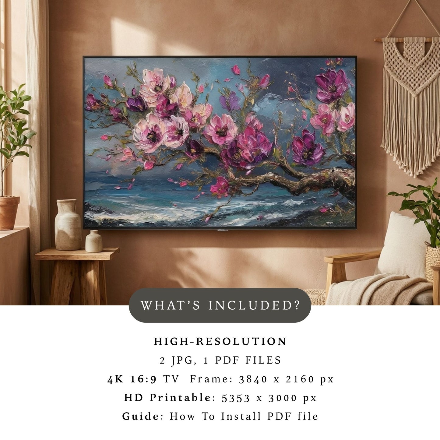 Blossoms Over Restless Seas – Pink Floral Ocean Art for Samsung Frame TV | Digital Download 4K TV Art