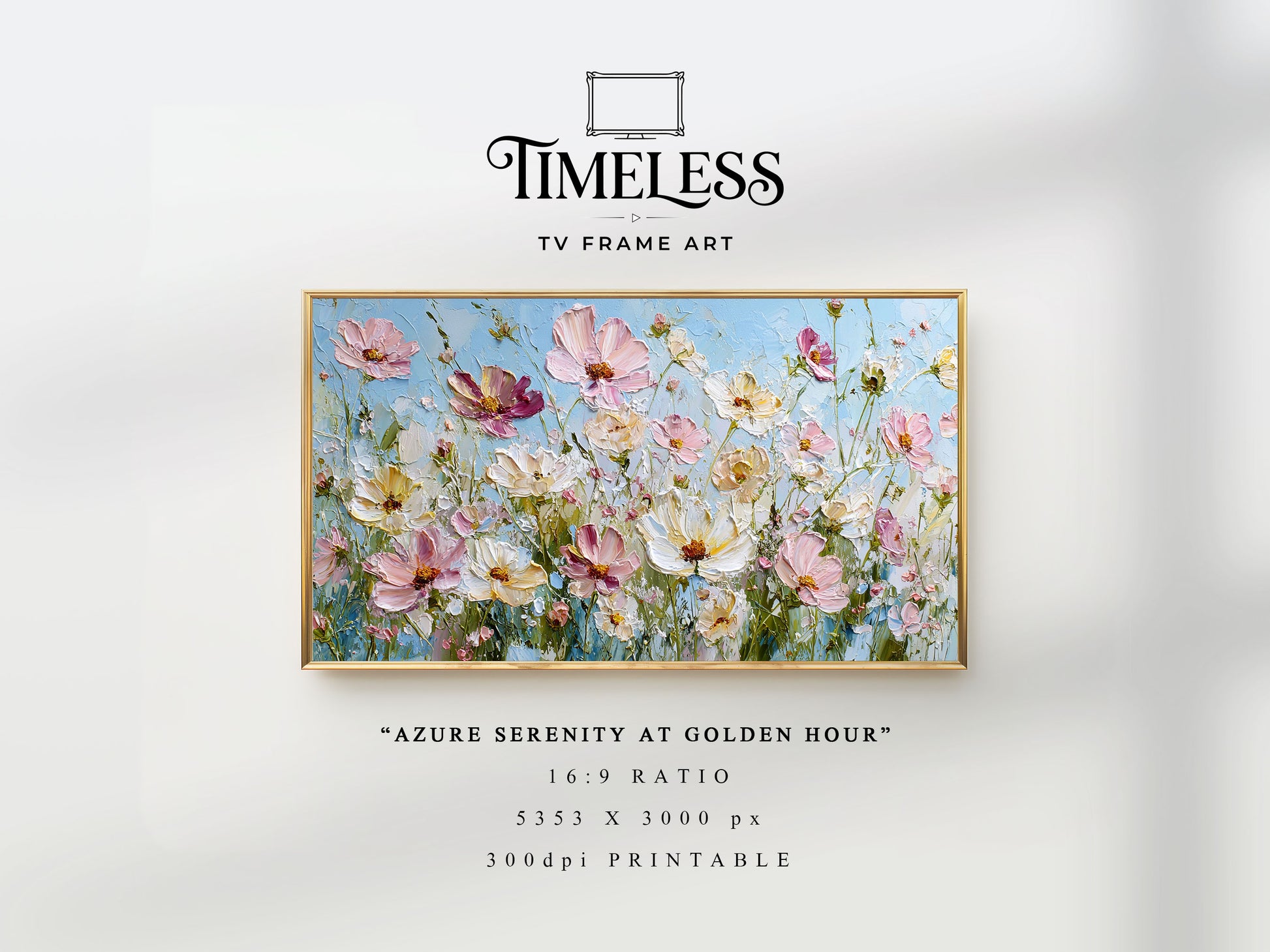 Soft Pastel Meadow TV Frame Art | Azure Serenity at Golden Hour | TV frame art
