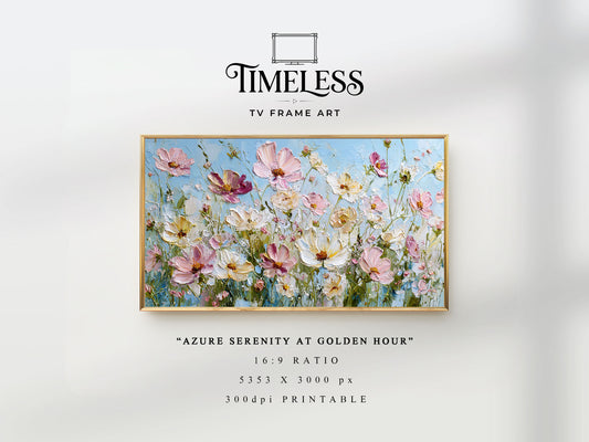 Soft Pastel Meadow TV Frame Art | Azure Serenity at Golden Hour | TV frame art