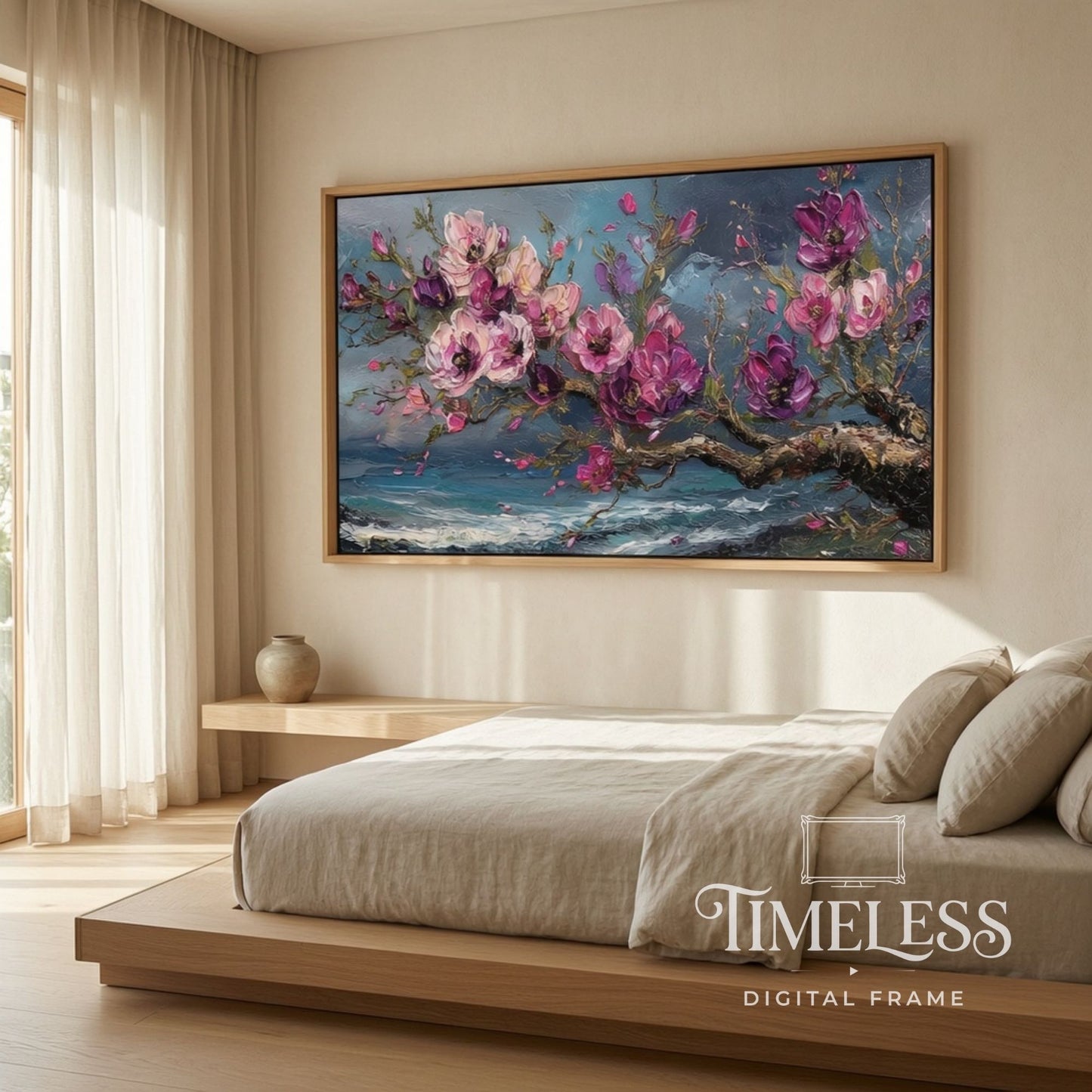 Blossoms Over Restless Seas – Pink Floral Ocean Art for Samsung Frame TV | Digital Download 4K TV Art
