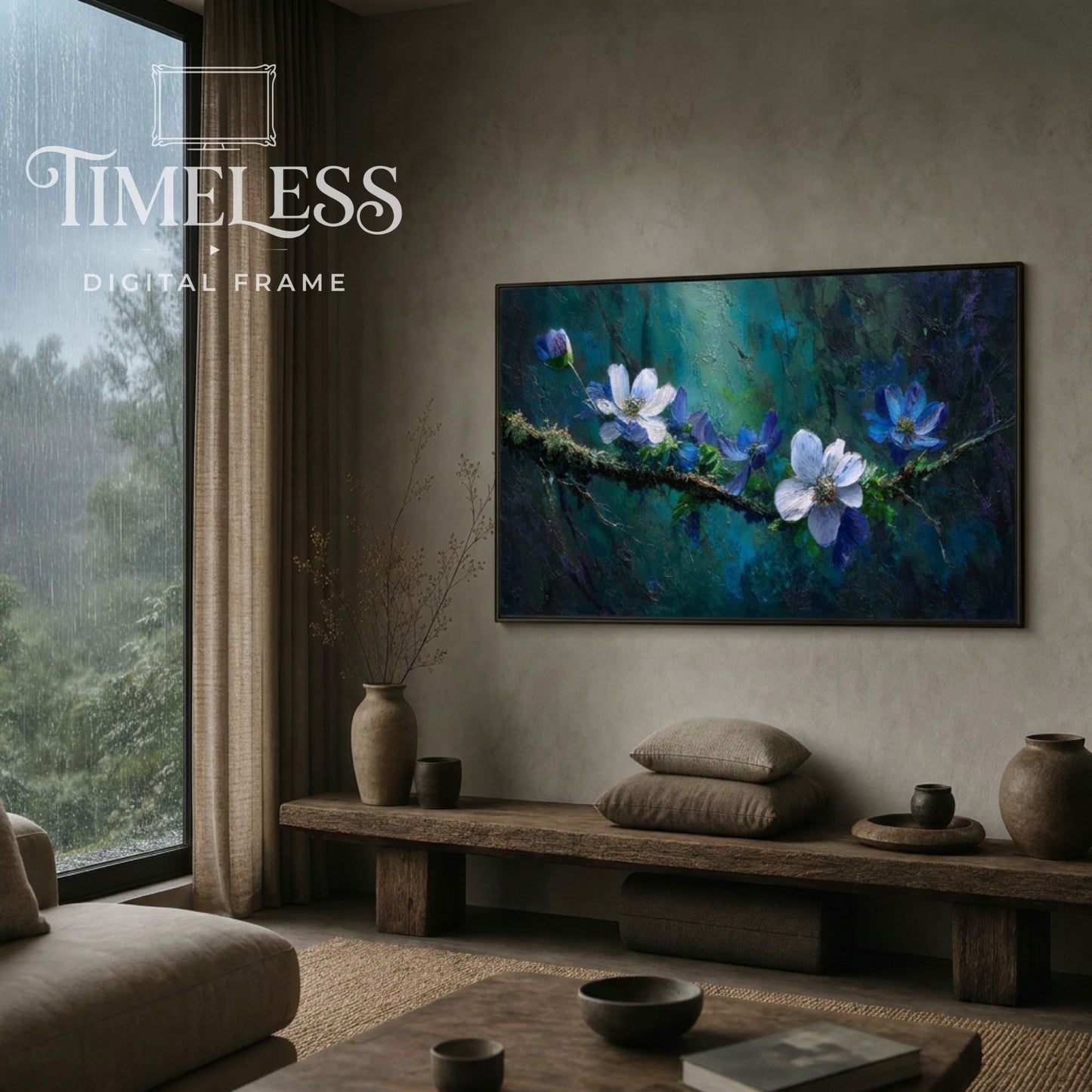 Whispers in Teal – Blue Floral Branch Art for Samsung Frame TV | Digital Download 4K TV Art