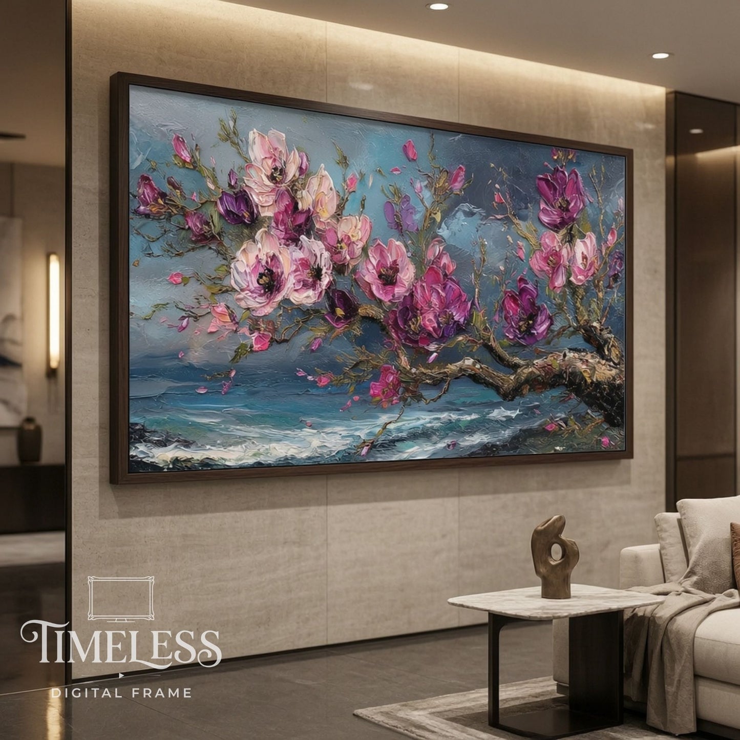 Blossoms Over Restless Seas – Pink Floral Ocean Art for Samsung Frame TV | Digital Download 4K TV Art