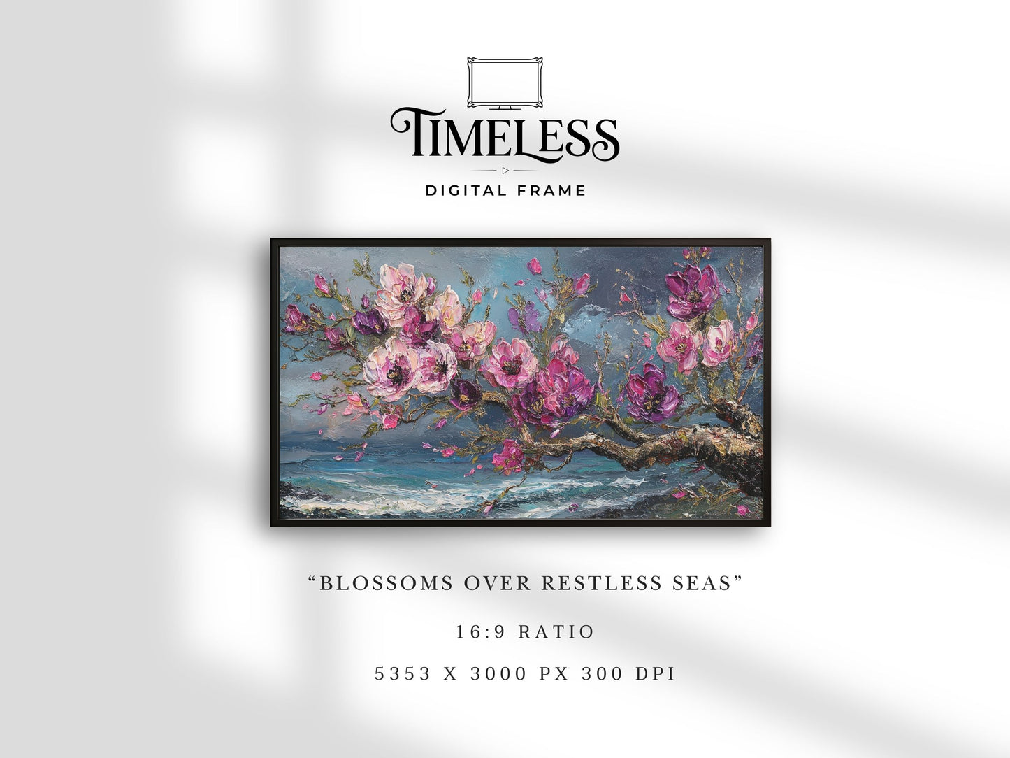 Blossoms Over Restless Seas – Pink Floral Ocean Art for Samsung Frame TV | Digital Download 4K TV Art