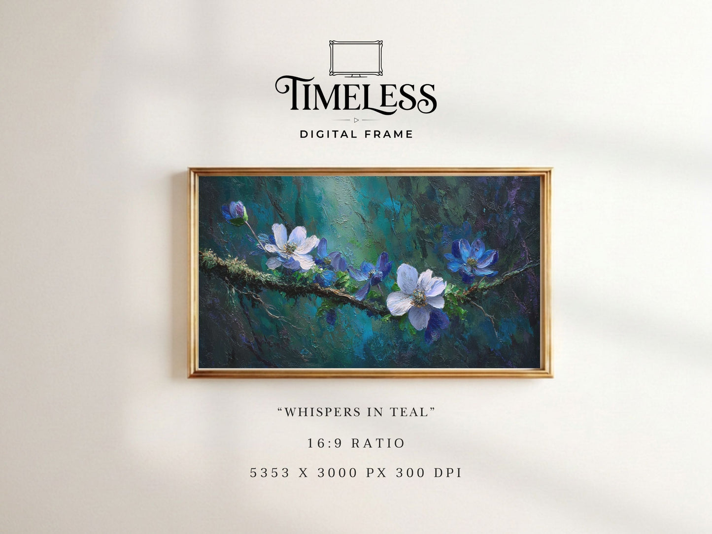 Whispers in Teal – Blue Floral Branch Art for Samsung Frame TV | Digital Download 4K TV Art