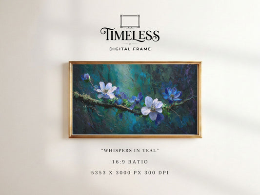 Whispers in Teal – Blue Floral Branch Art for Samsung Frame TV | Digital Download 4K TV Art