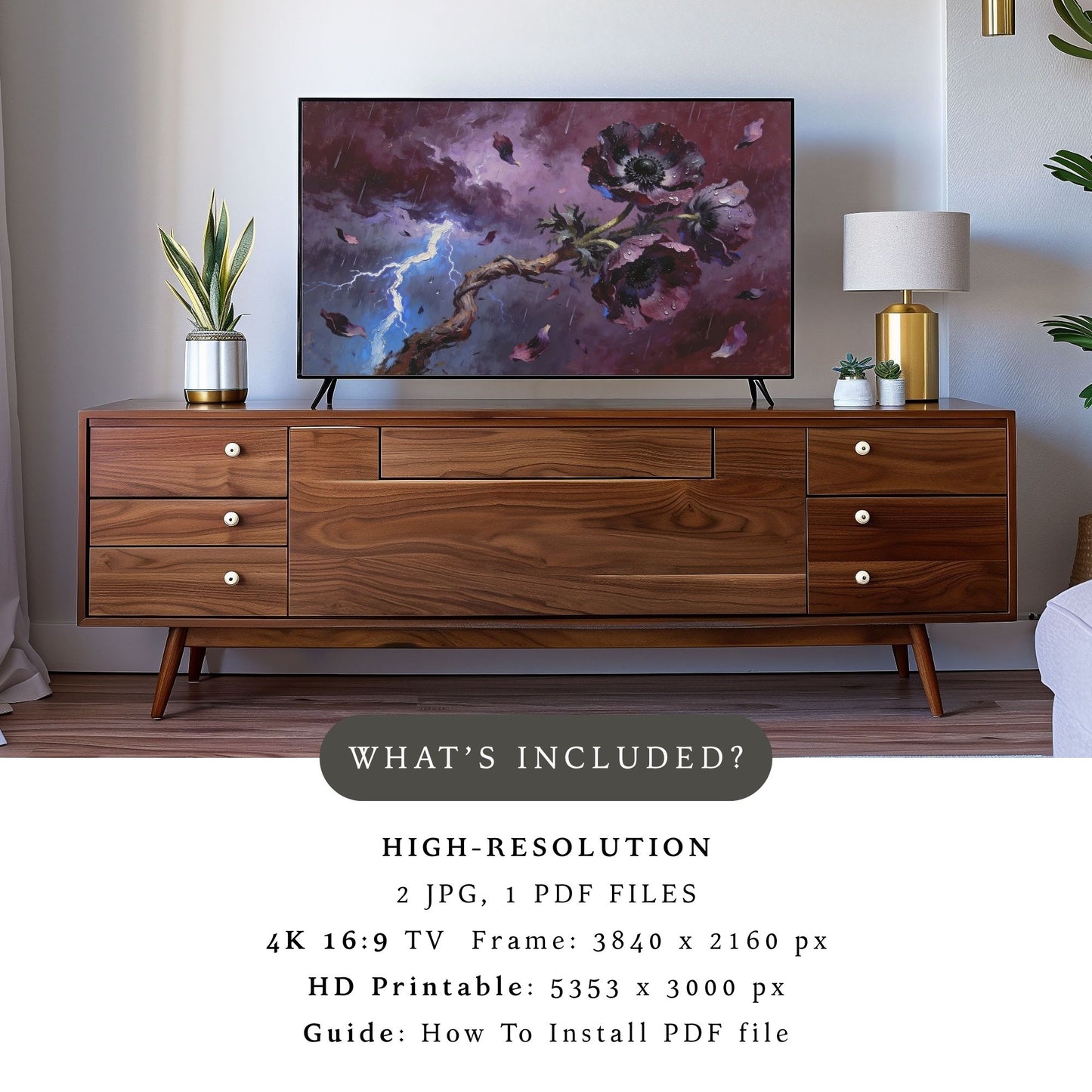 Defiant Bloom – Dark Floral Storm Art for Samsung Frame TV | Digital Download 4K TV Art