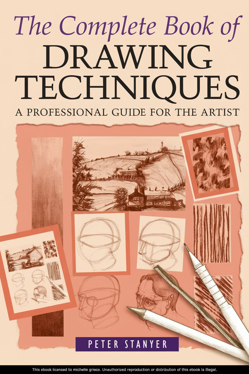 Book cover of 'The Complete Book of Drawing Techniques' by Peter Stanyer with illustrations and text.