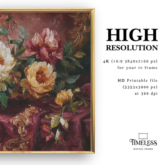 Royal Peonies in Crimson – Dark Floral Peony Art for Samsung Frame TV | Digital Download 4K TV Art