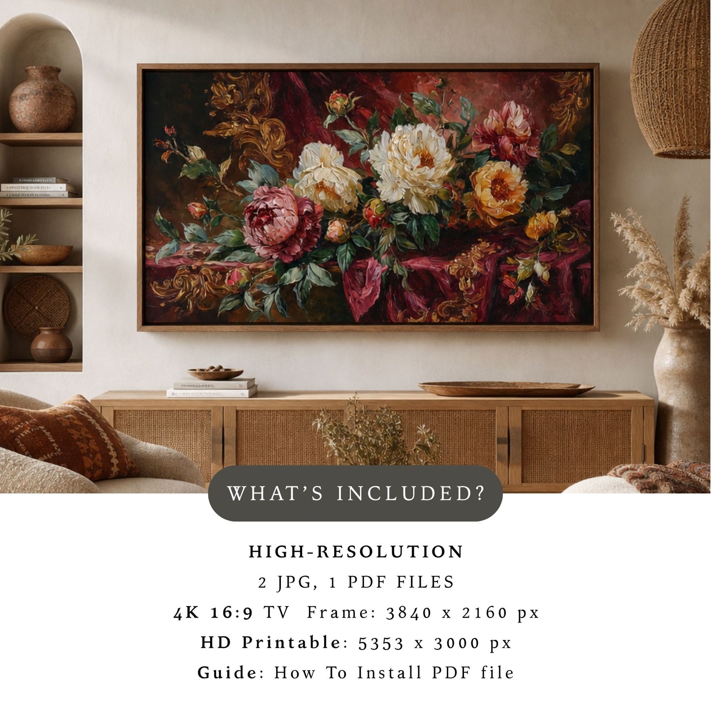 Royal Peonies in Crimson – Dark Floral Peony Art for Samsung Frame TV | Digital Download 4K TV Art
