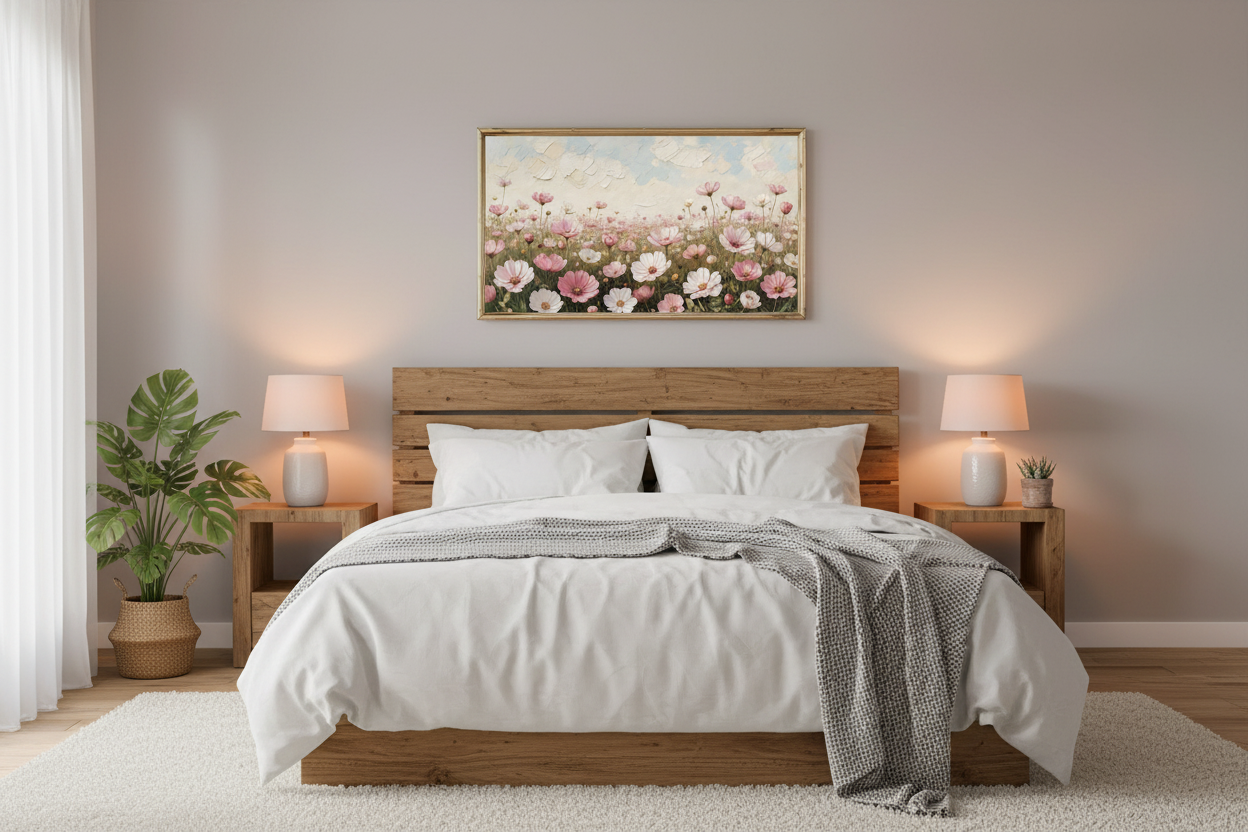 Lullaby of the Wildflowers impasto floral art displayed on Samsung Frame TV in cozy bedroom