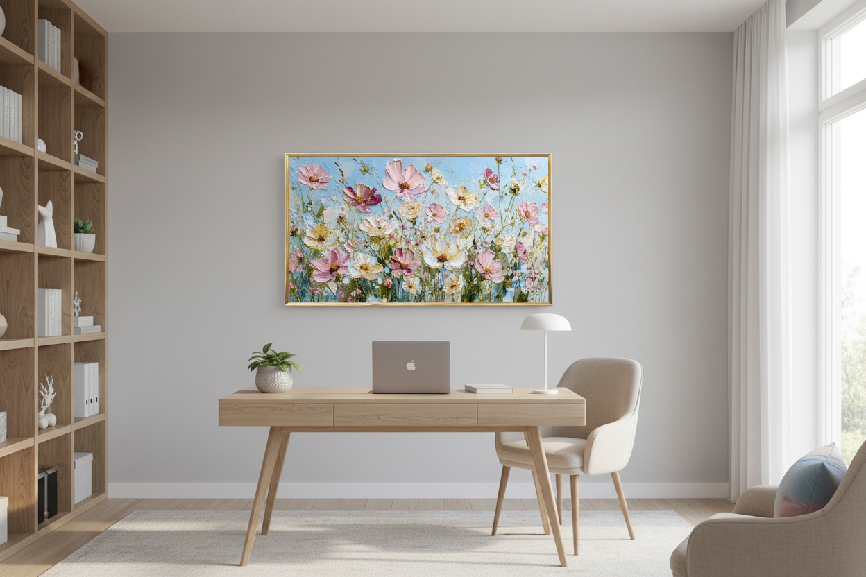 Azure Serenity at Golden Hour displayed on Samsung Frame TV in stylish home office