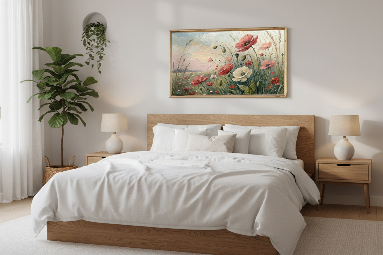 Echoes of the Gentle Gale impasto floral art displayed on Samsung Frame TV in cozy bedroom
