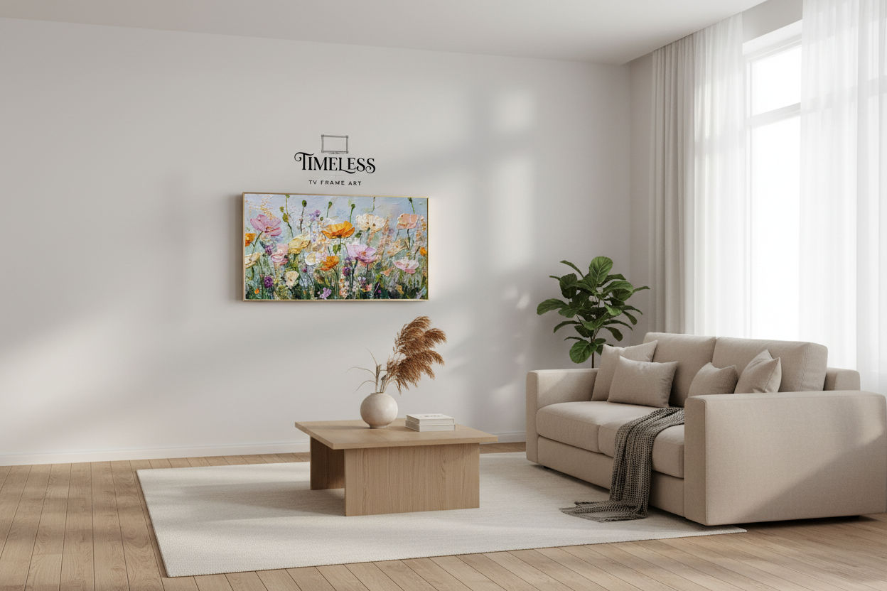 Vibrant Verdure's Whisper displayed on Samsung Frame TV in modern living room