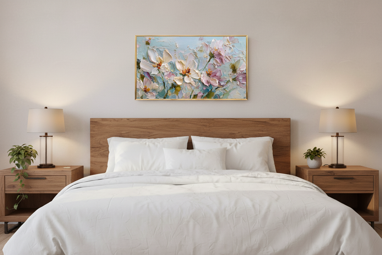 Harmony of Spring Valley painterly texture art displayed on Samsung Frame TV in cozy bedroom