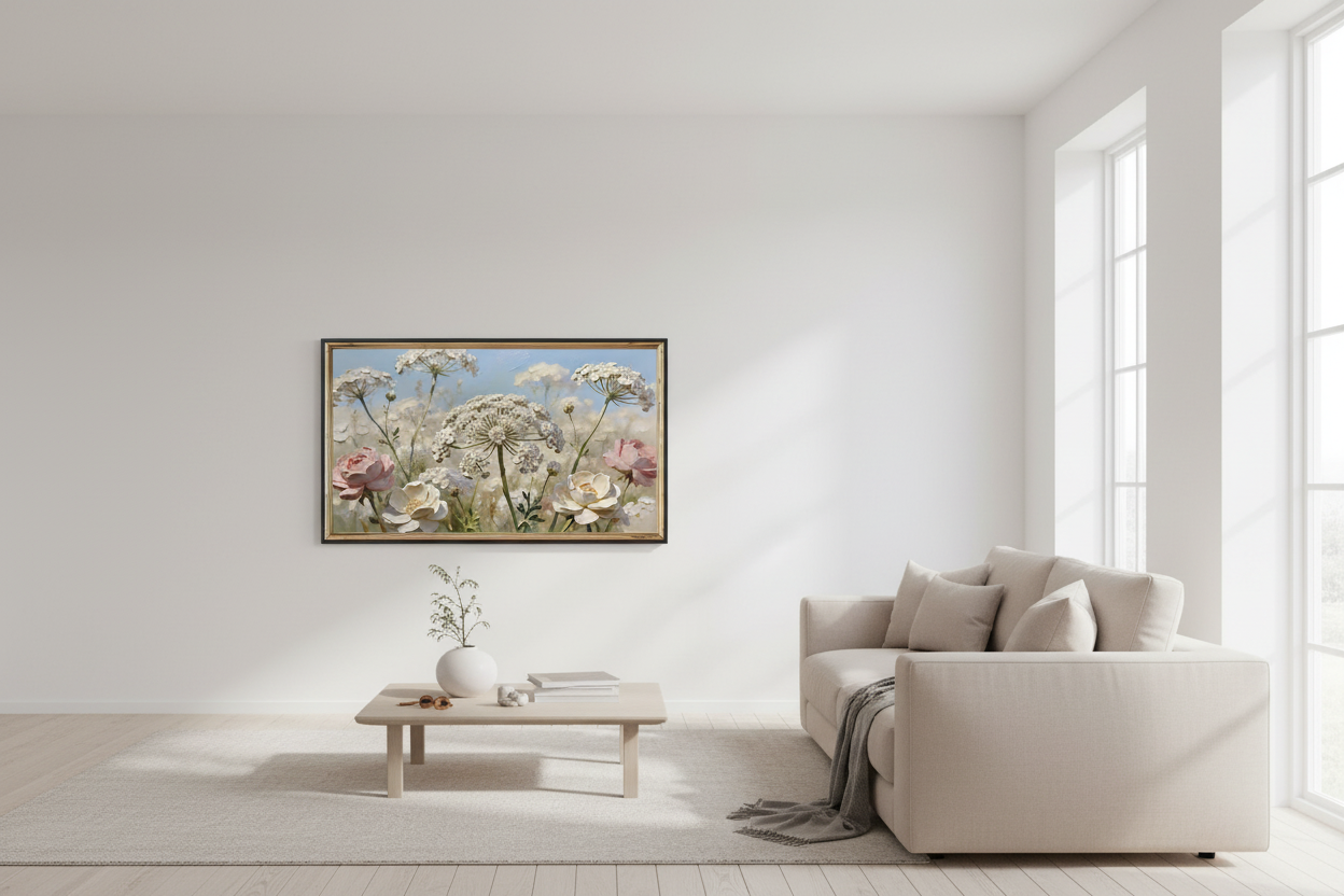Noble Hills Bliss impasto floral art displayed on Samsung Frame TV in modern living room