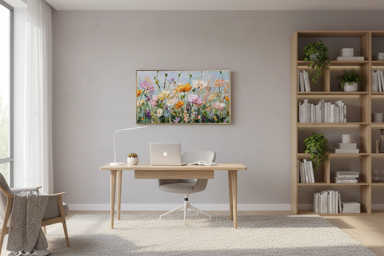 Vibrant Verdure's Whisper displayed on Samsung Frame TV in stylish home office