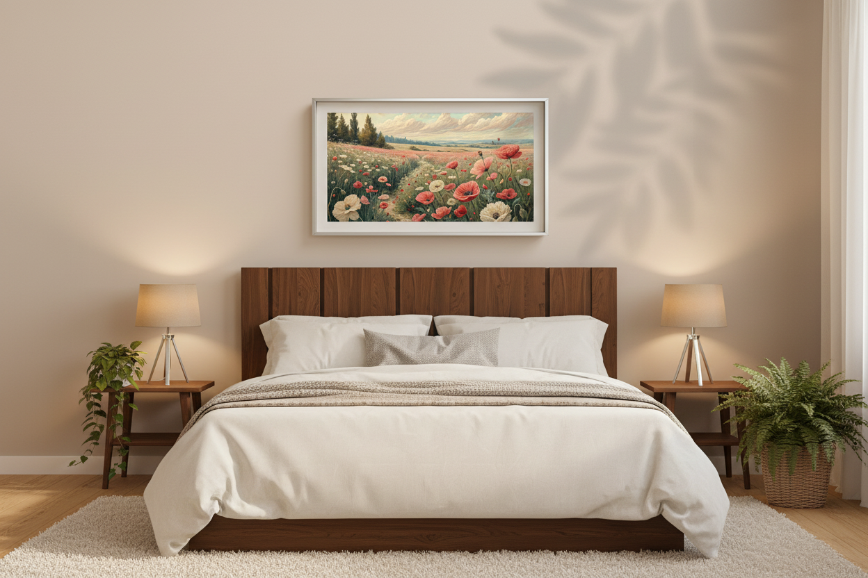 Timeless Hills Portrait with brushstroke details displayed on Samsung Frame TV in cozy bedroom