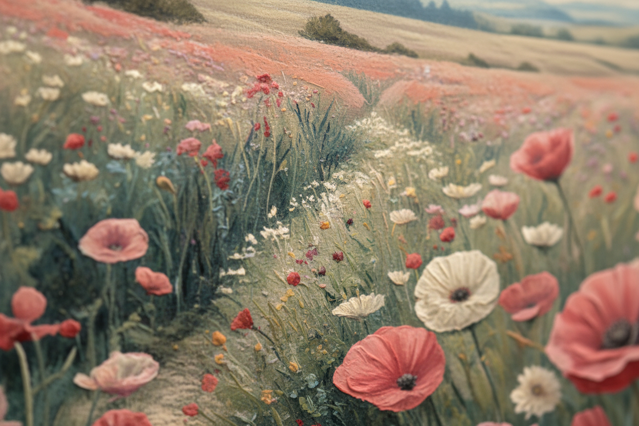 Close-up detail of Timeless Hills Portrait showing brushstroke texture and pastel hills