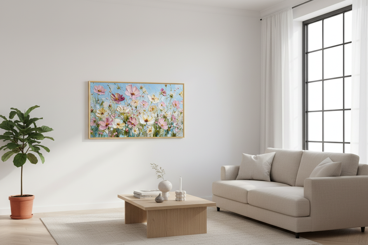 Azure Serenity at Golden Hour displayed on Samsung Frame TV in modern living room