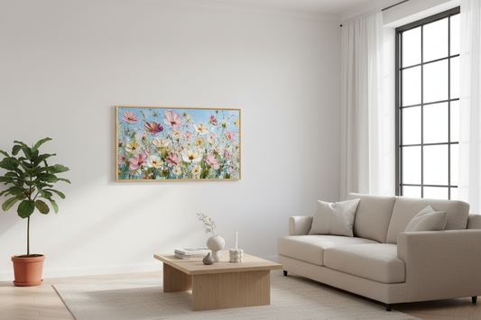 Azure Serenity at Golden Hour displayed on Samsung Frame TV in modern living room