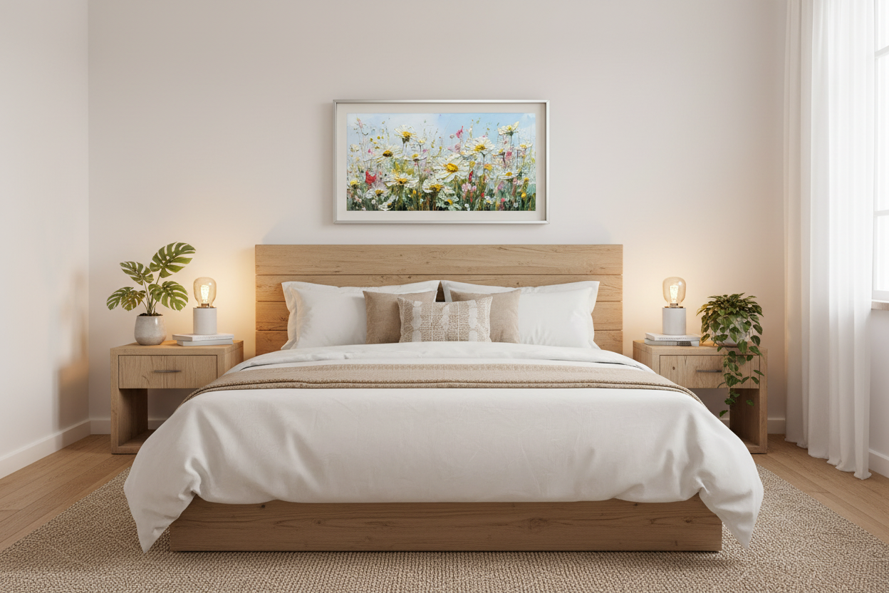 Echoes of a Forgotten Spring displayed on Samsung Frame TV in cozy bedroom
