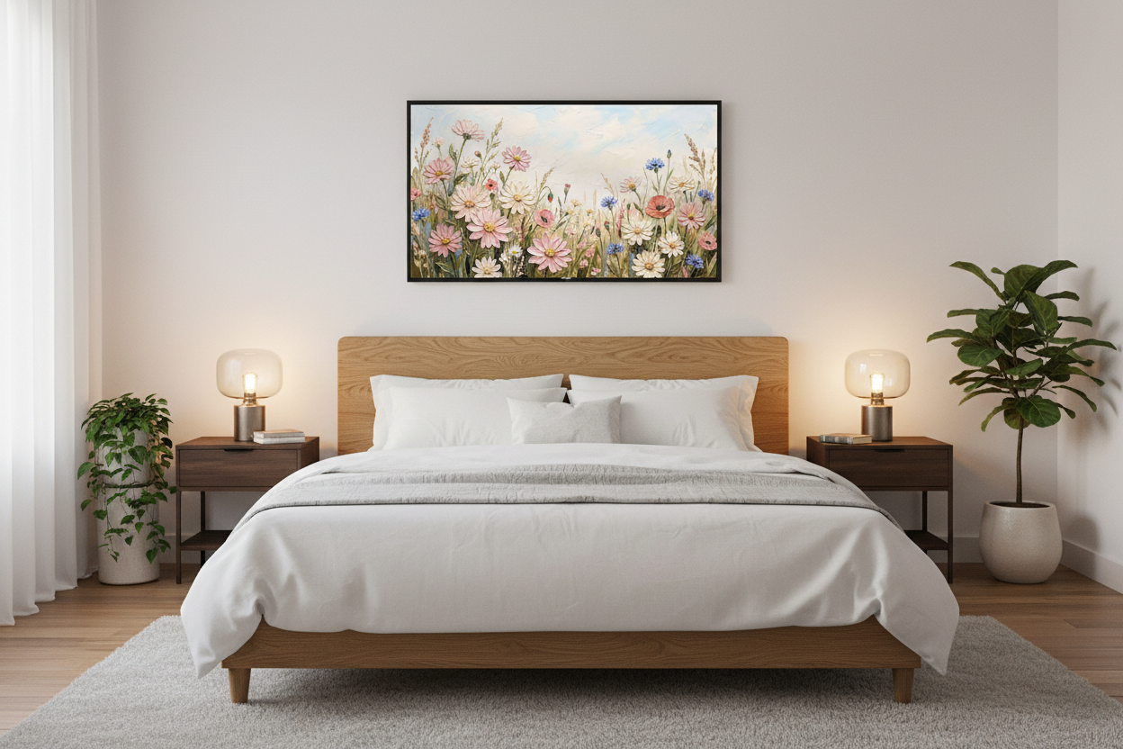 Delicate Meadow Composition displayed on Samsung Frame TV in cozy bedroom