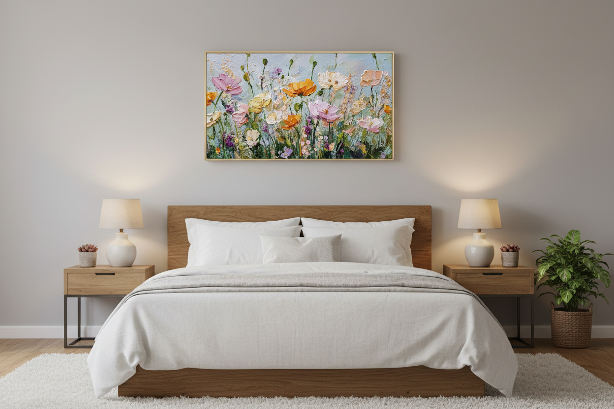 Vibrant Verdure's Whisper displayed on Samsung Frame TV in cozy bedroom