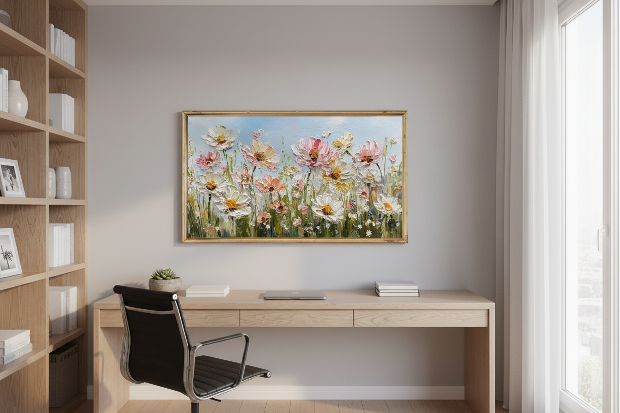 Timeless Path Bliss wildflower meadow art displayed on Samsung Frame TV in stylish home office