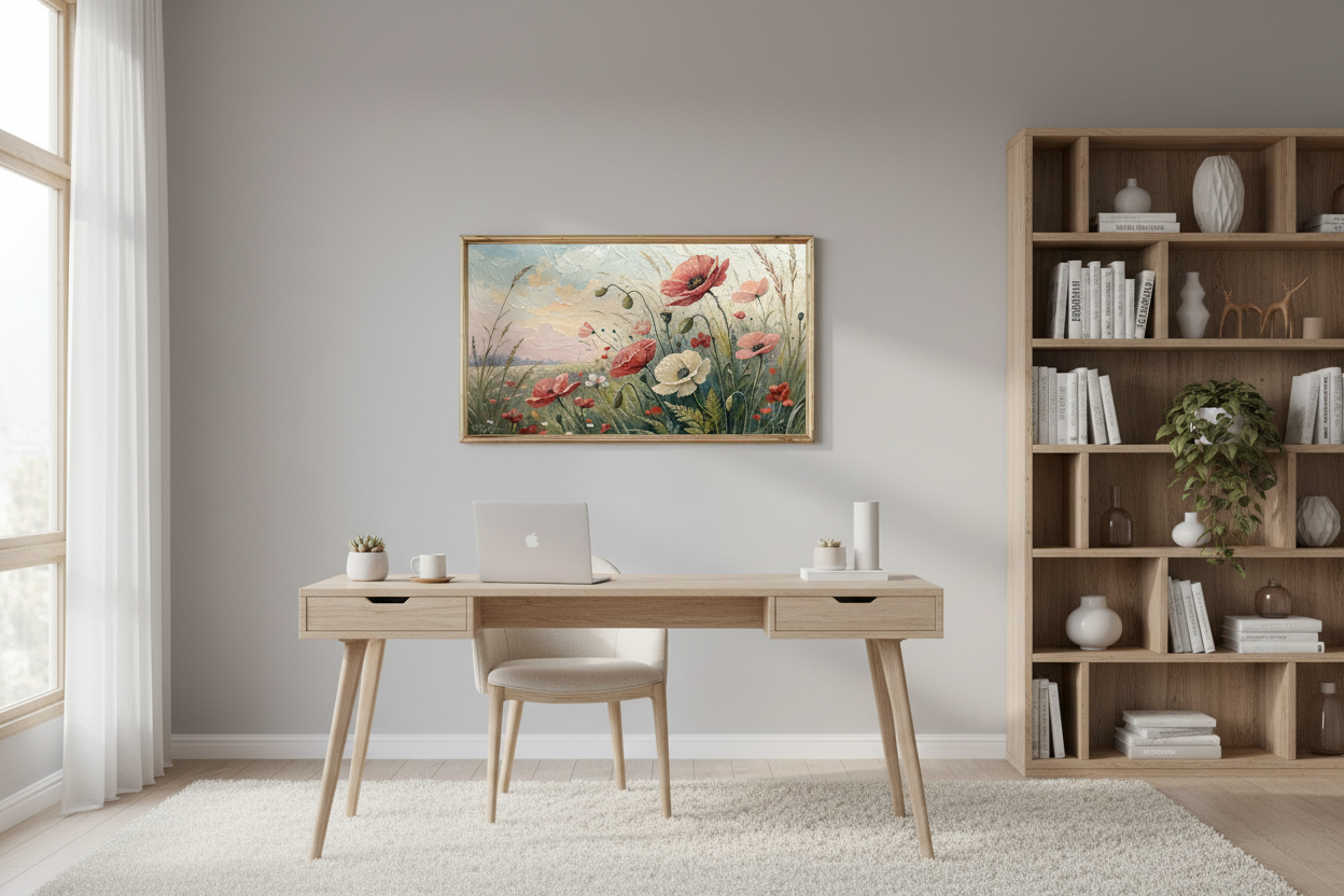 Echoes of the Gentle Gale impasto floral art displayed on Samsung Frame TV in stylish home office