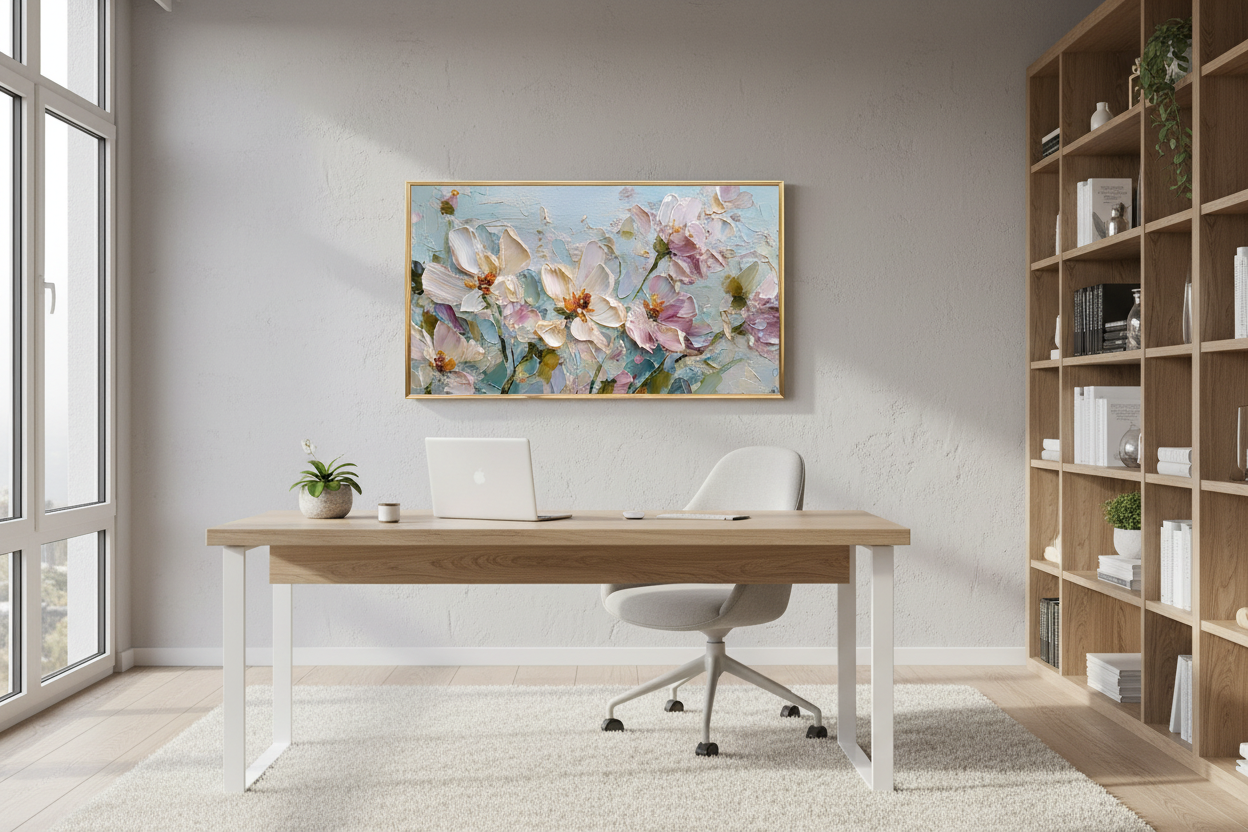 Harmony of Spring Valley painterly texture art displayed on Samsung Frame TV in stylish home office