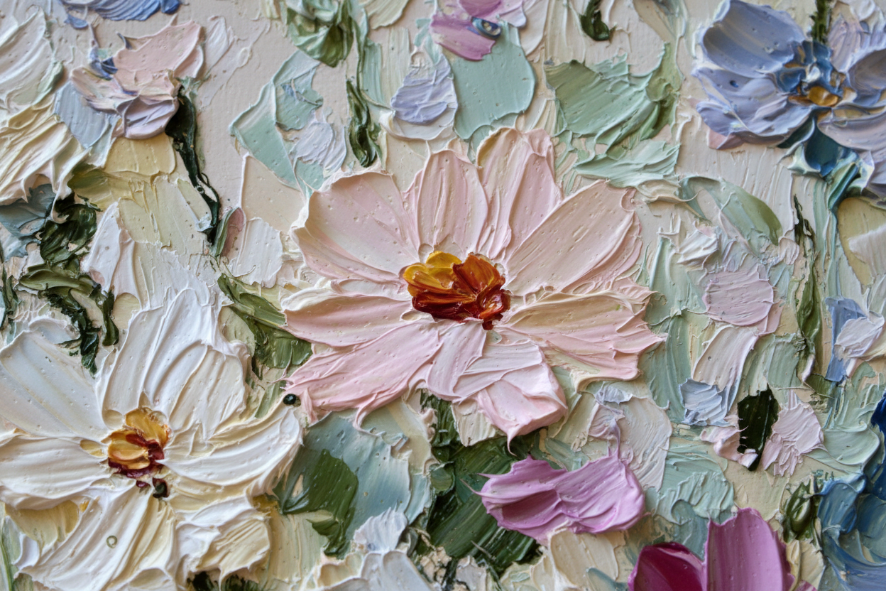 Close-up detail of Luminous Chaos showing dynamic brushstroke texture and luminous pastel colors