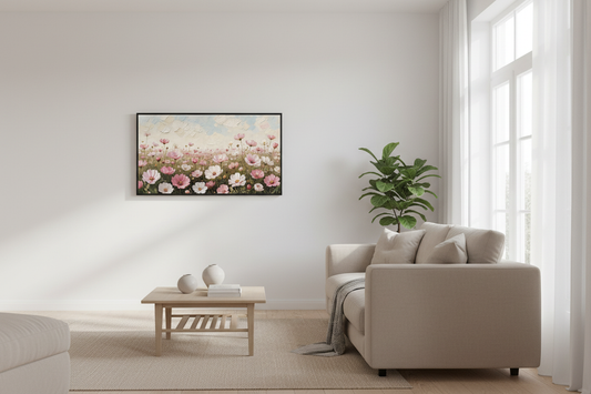 Lullaby of the Wildflowers impasto floral art displayed on Samsung Frame TV in modern living room