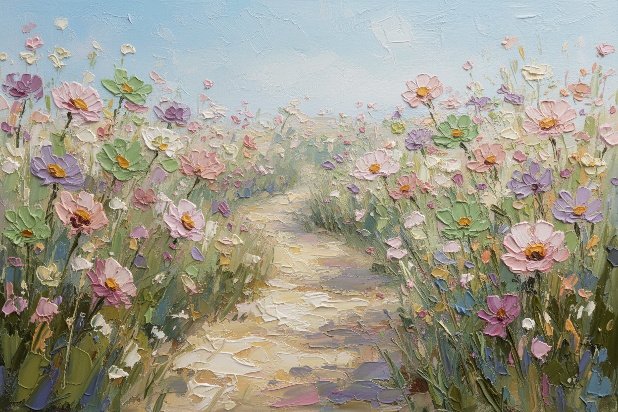 Close-up detail of Timeless Path Bliss showing path through meadow texture and pastel wildflowers